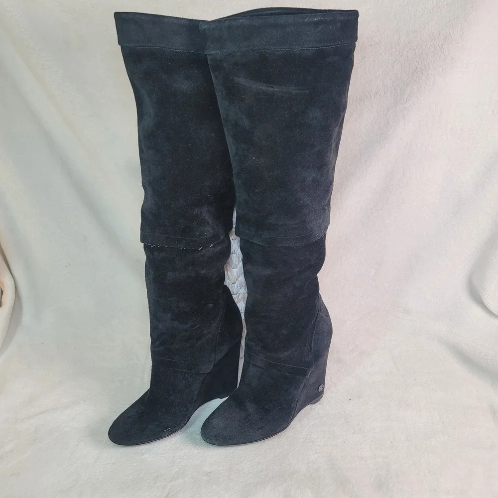 Tory Burch Y2K Black Suede Wedge High Boots‎ Designer Office Whimsigoth Size 7